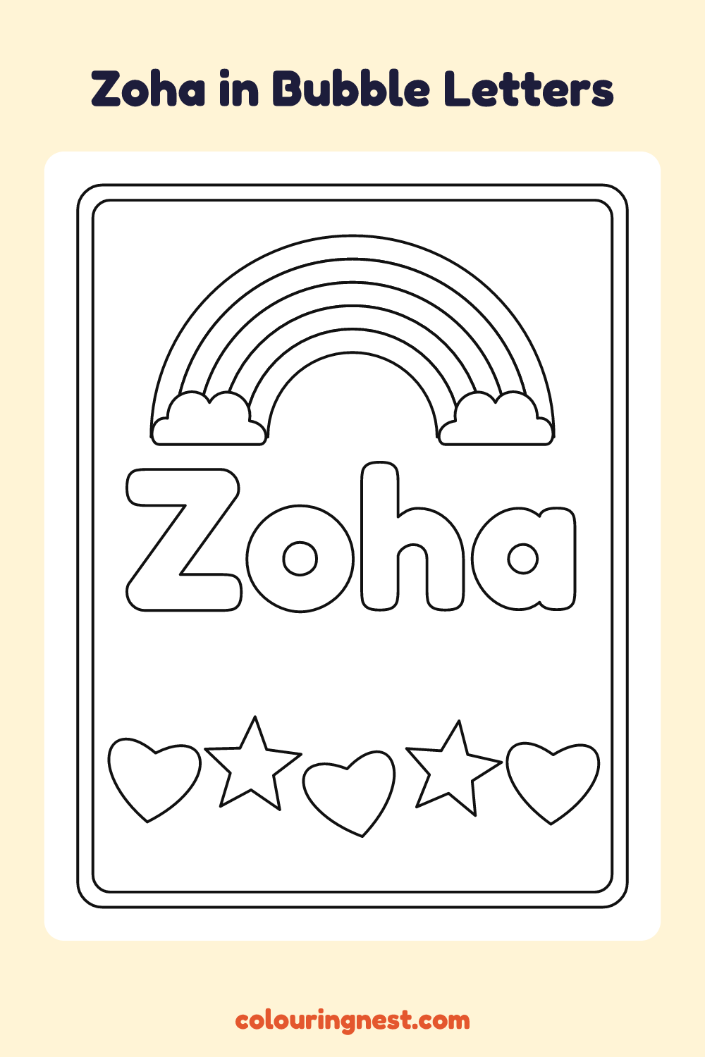 Zoha in Bubble Letters coloring page: free printable black-and-white line art
