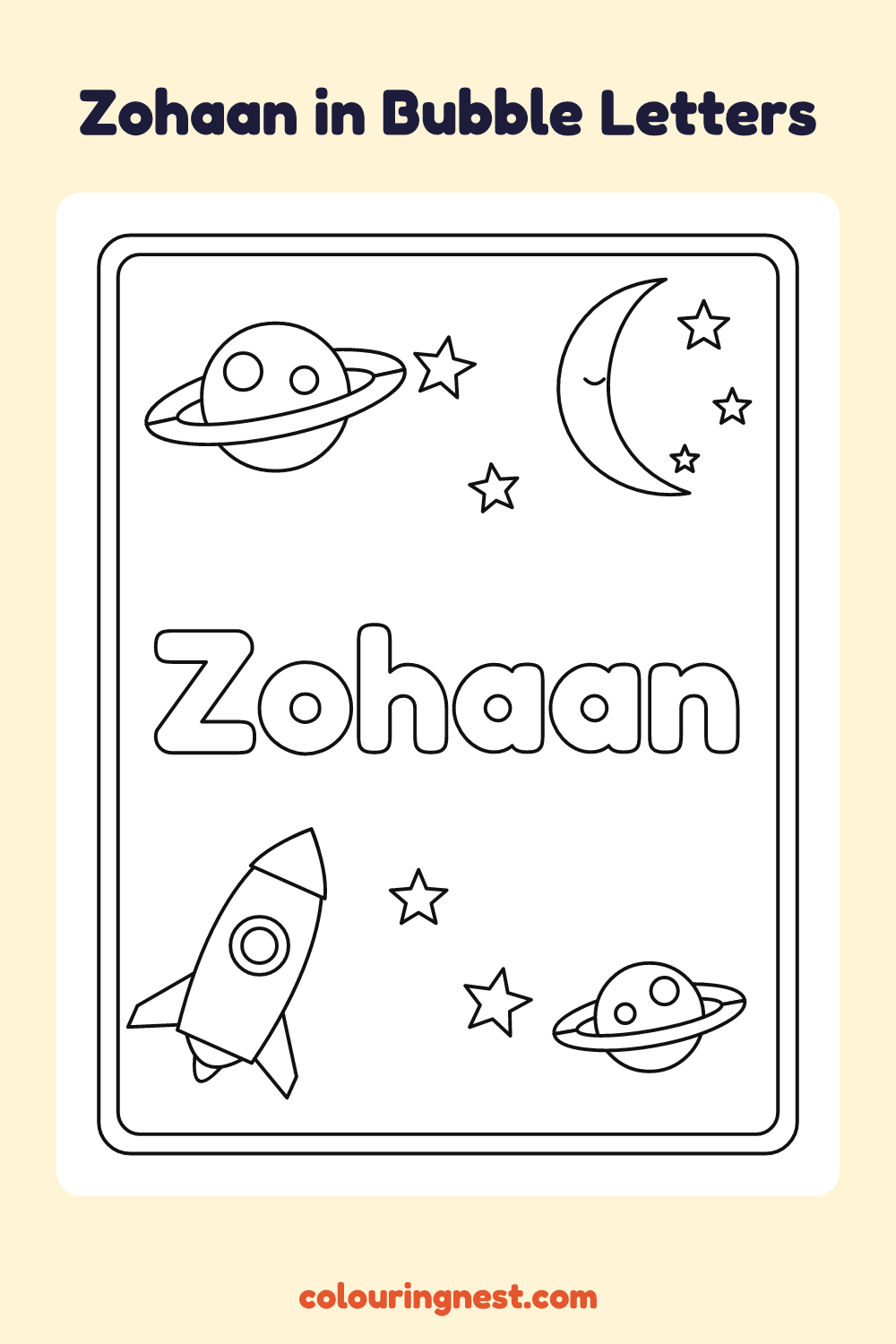 Zohaan in Bubble Letters coloring page: free printable black-and-white line art