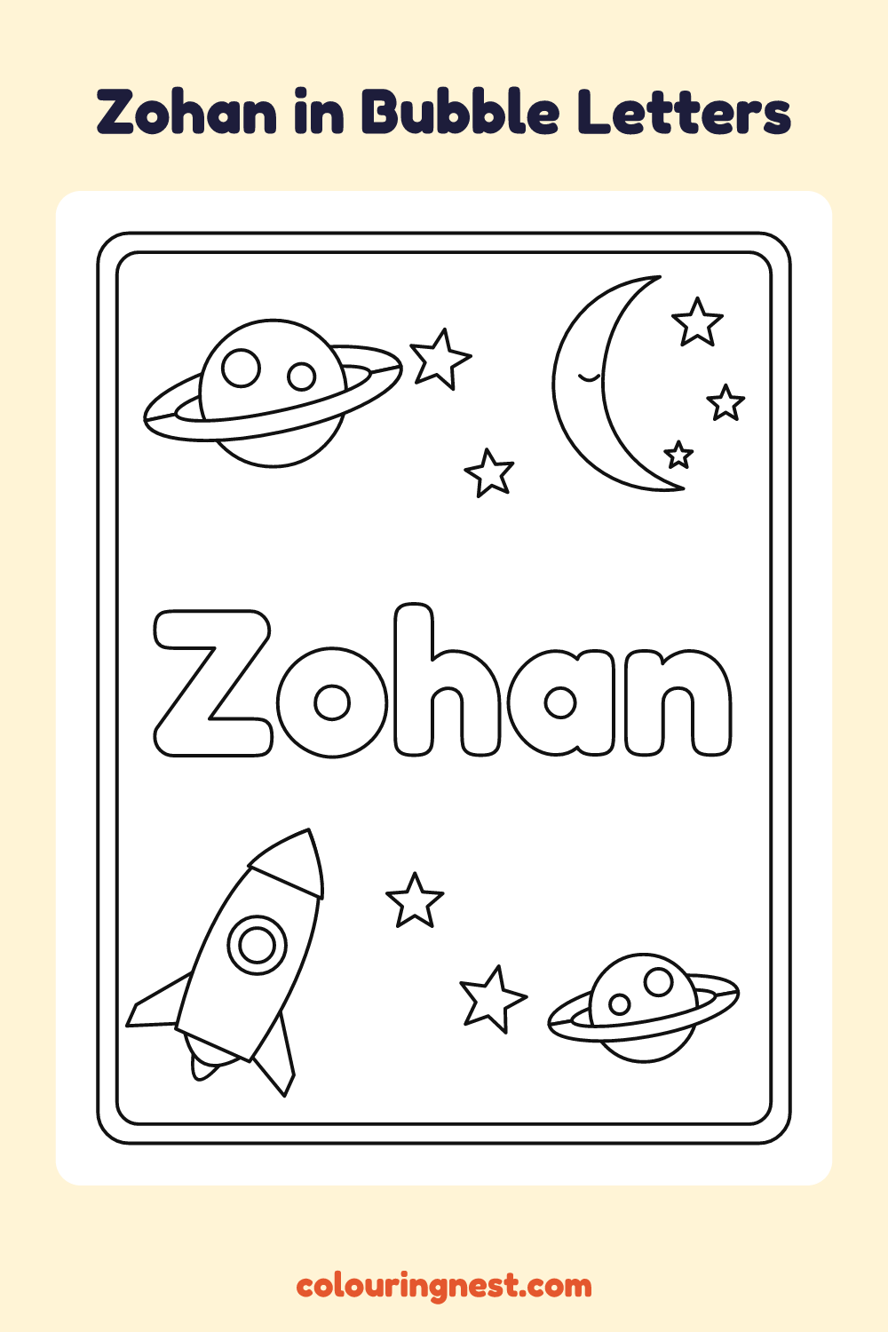 Zohan in Bubble Letters coloring page: free printable black-and-white line art