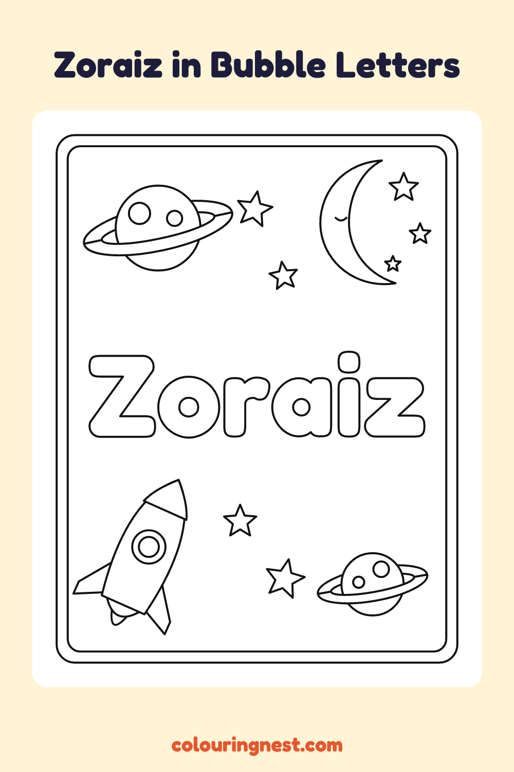 Zoraiz in Bubble Letters coloring page: free printable black-and-white line art