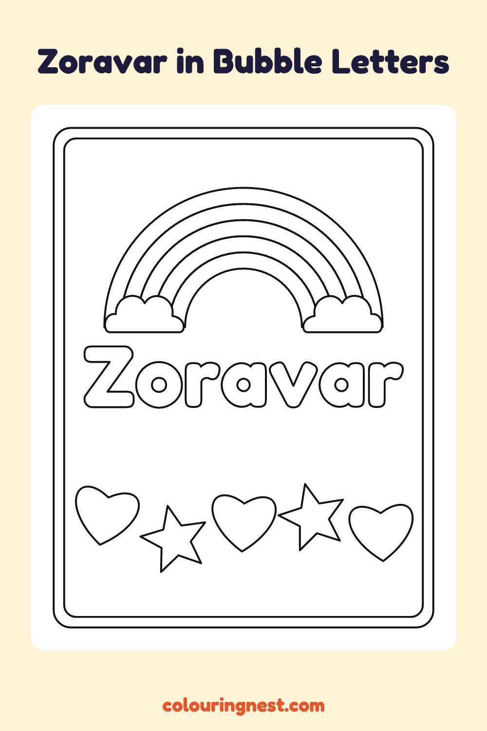 Zoravar in Bubble Letters coloring page: free printable black-and-white line art