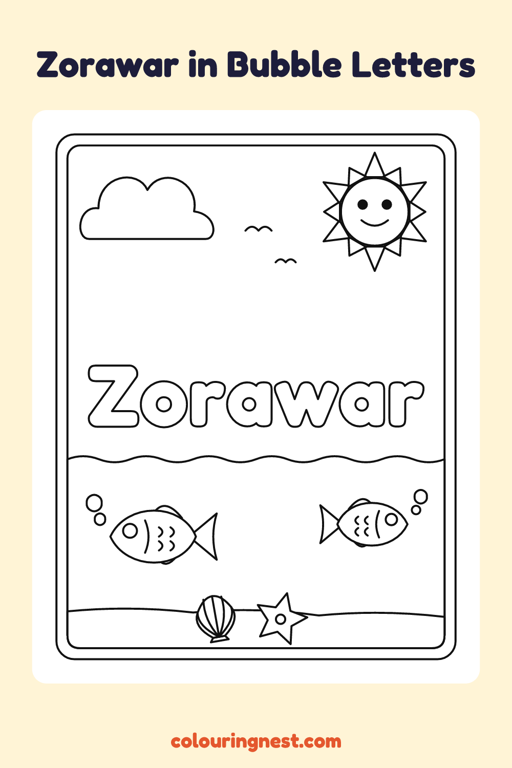 Zorawar in Bubble Letters coloring page: free printable black-and-white line art