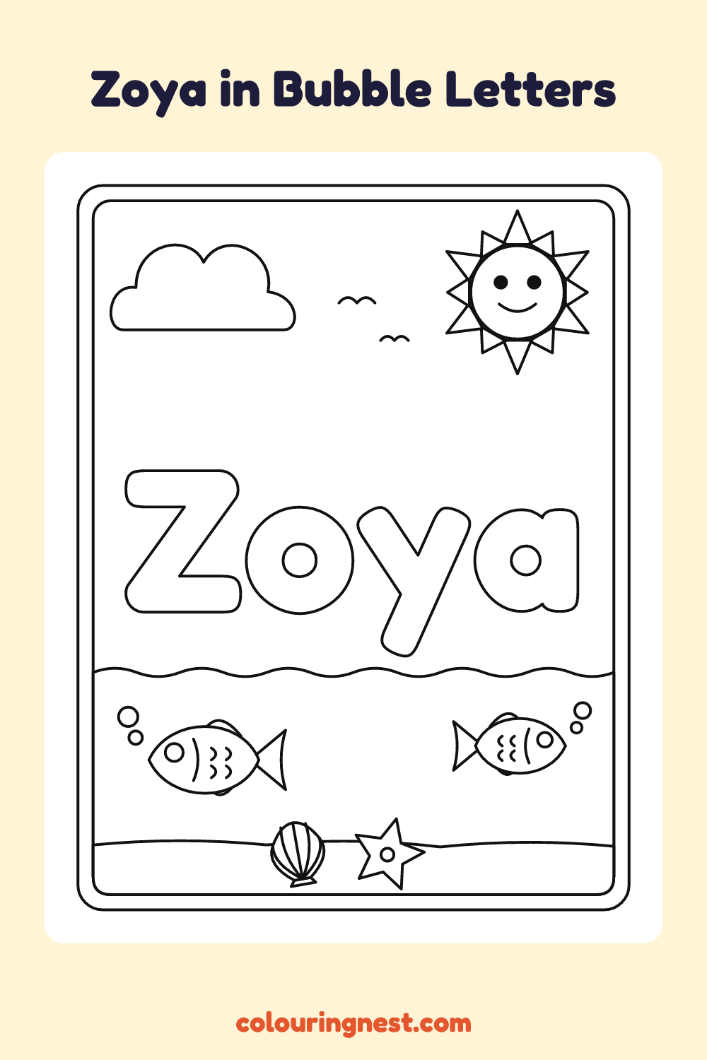 Zoya in Bubble Letters coloring page: free printable black-and-white line art
