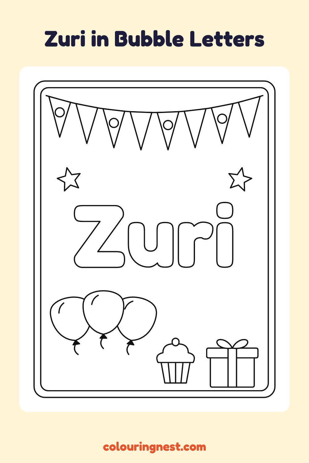 Zuri in Bubble Letters coloring page: free printable black-and-white line art
