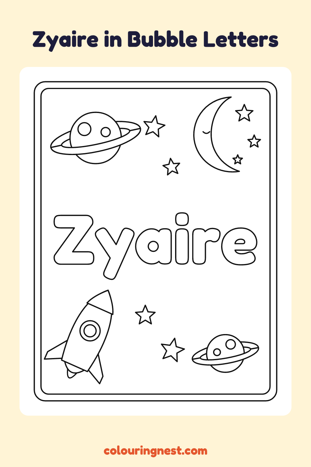 Zyaire in Bubble Letters coloring page: free printable black-and-white line art
