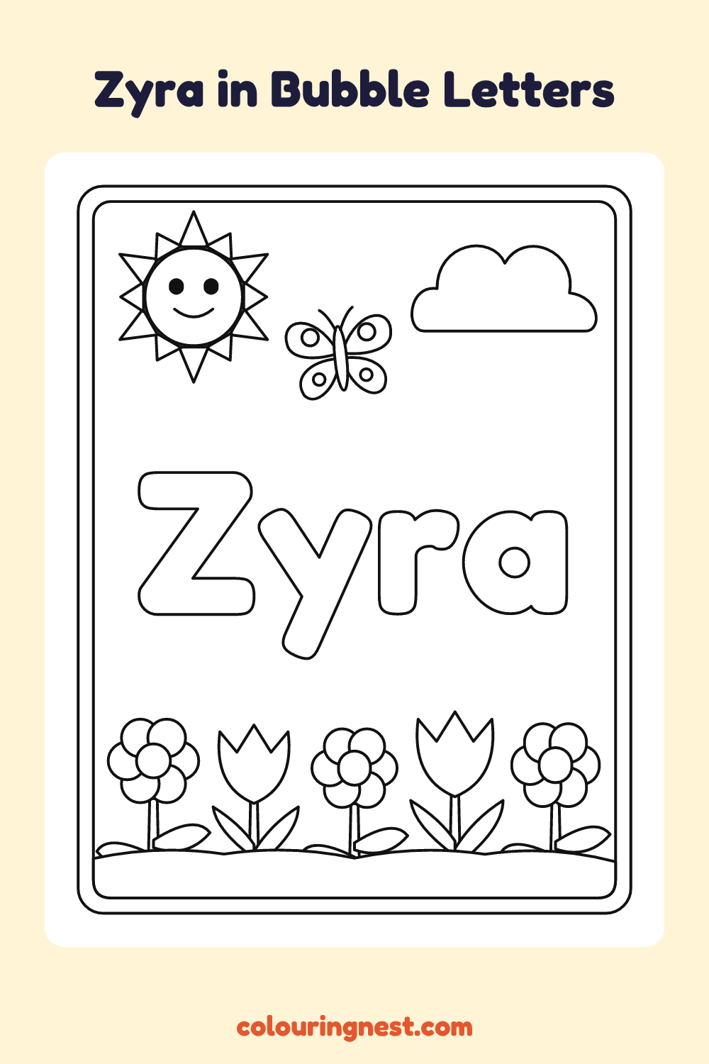 Zyra in Bubble Letters coloring page: free printable black-and-white line art