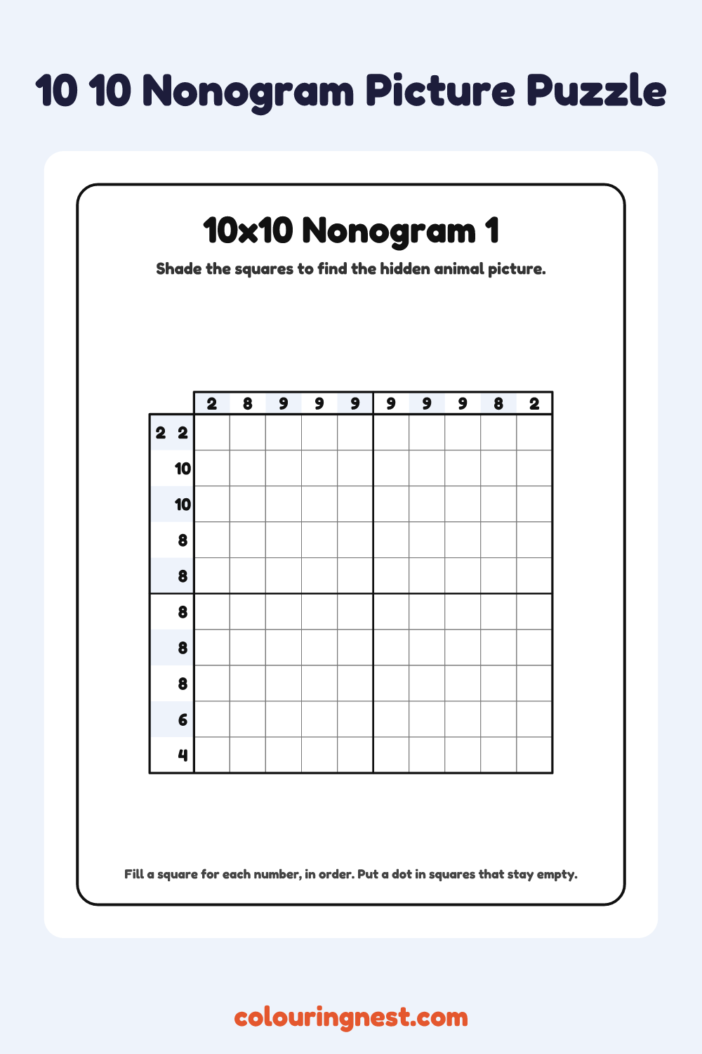 10×10 Nonogram #1 coloring page: free printable black-and-white line art