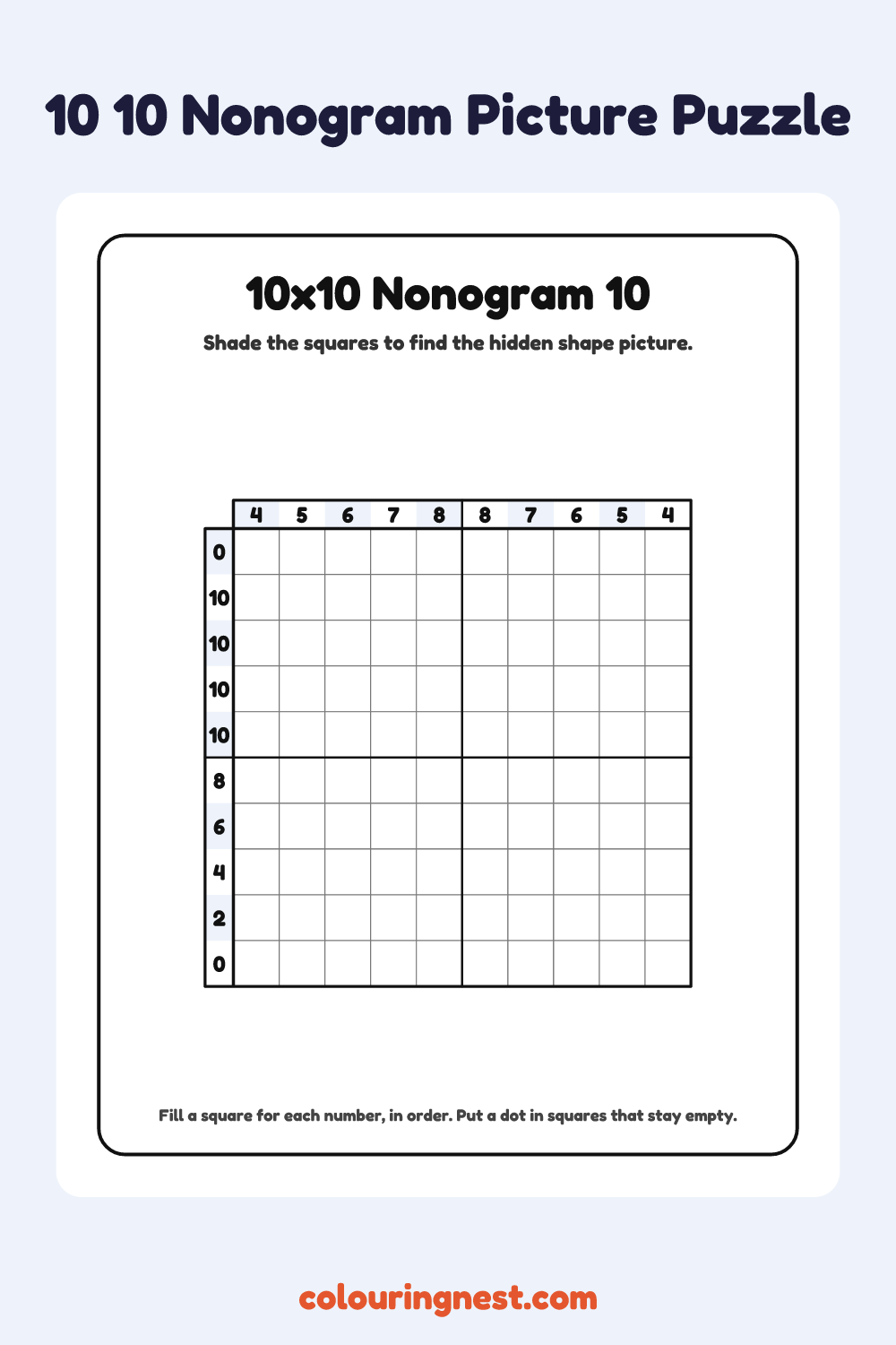 10×10 Nonogram #10 coloring page: free printable black-and-white line art