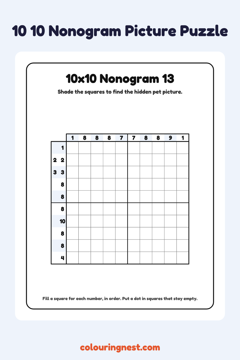 10×10 Nonogram #13 coloring page: free printable black-and-white line art