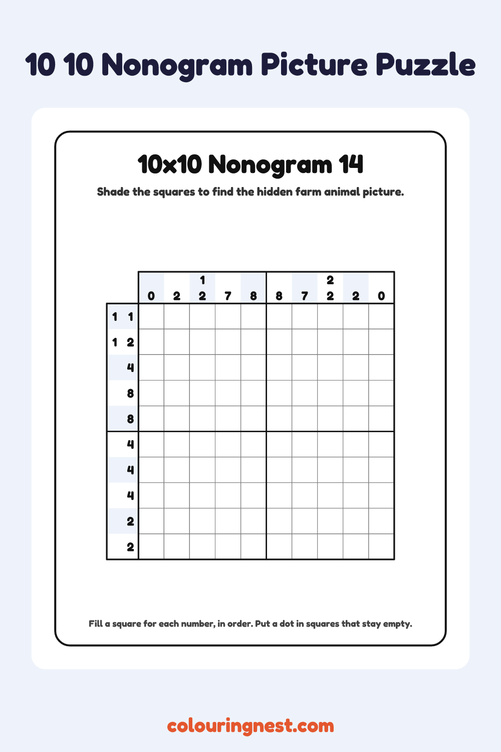10×10 Nonogram #14 coloring page: free printable black-and-white line art
