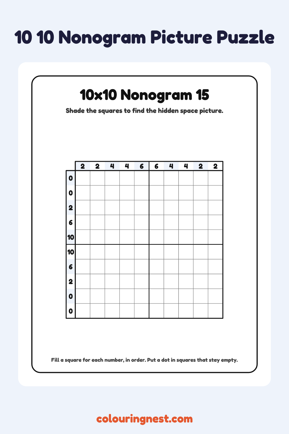10×10 Nonogram #15 coloring page: free printable black-and-white line art