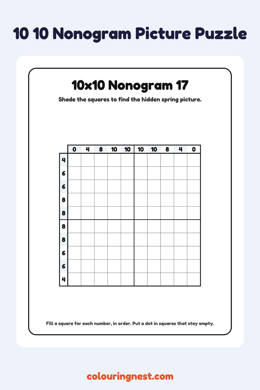 10×10 Nonogram #17 coloring page: free printable black-and-white line art