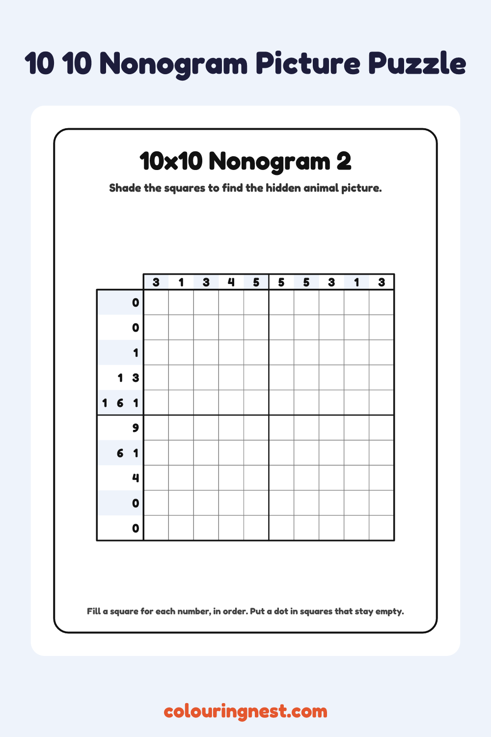 10×10 Nonogram #2 coloring page: free printable black-and-white line art