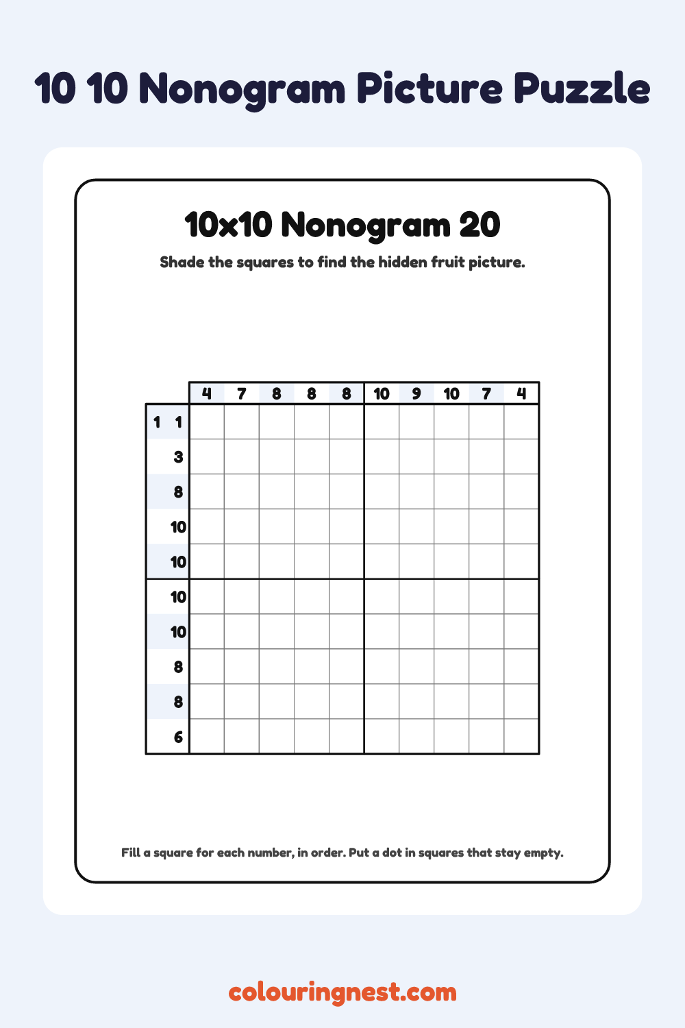 10×10 Nonogram #20 coloring page: free printable black-and-white line art