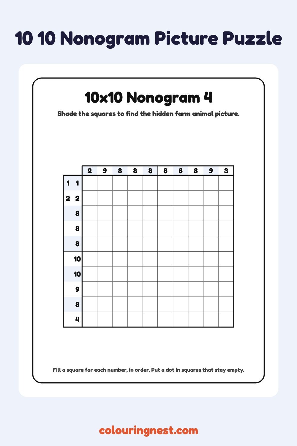 10×10 Nonogram #4 coloring page: free printable black-and-white line art