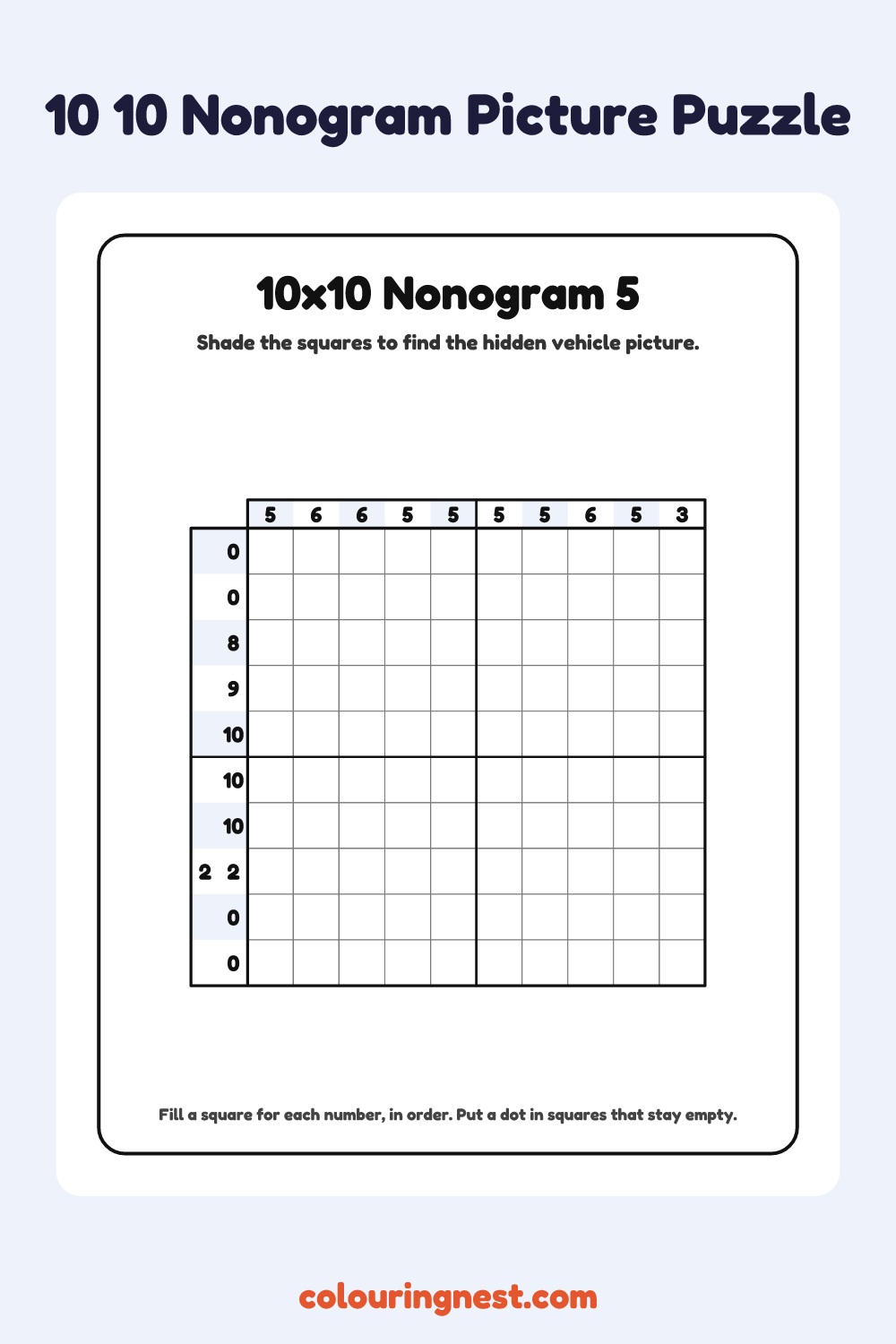 10×10 Nonogram #5 coloring page: free printable black-and-white line art