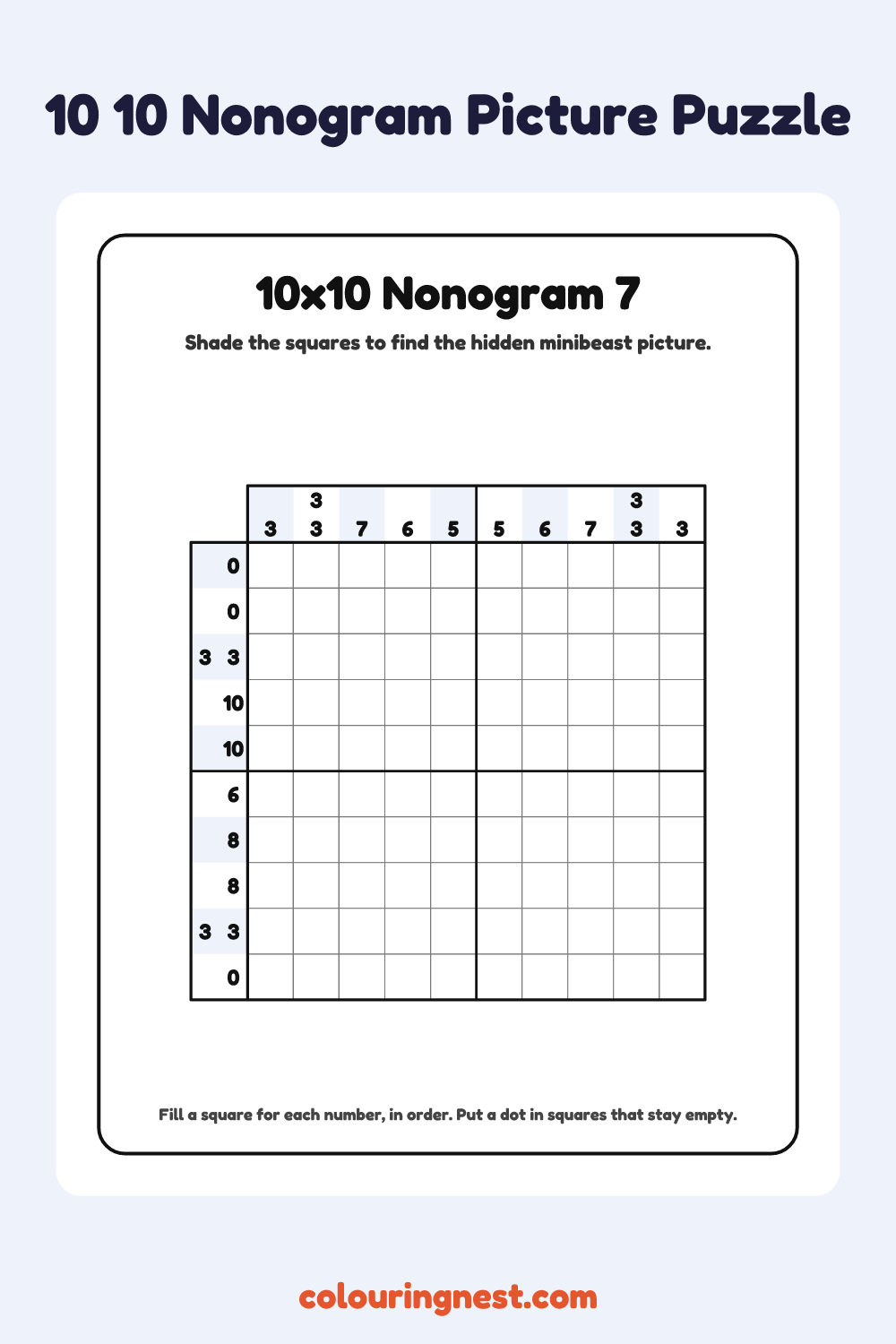 10×10 Nonogram #7 coloring page: free printable black-and-white line art