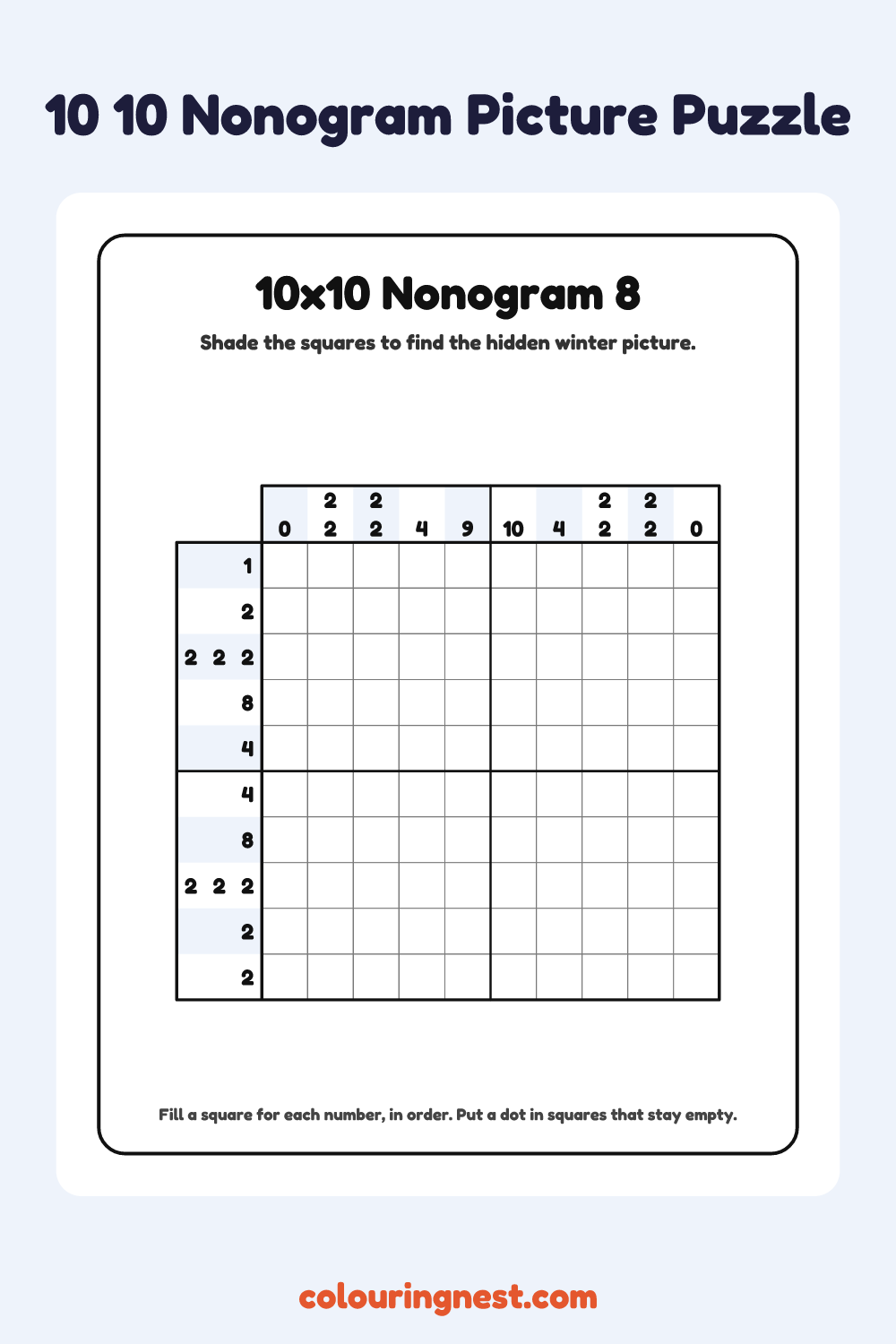 10×10 Nonogram #8 coloring page: free printable black-and-white line art