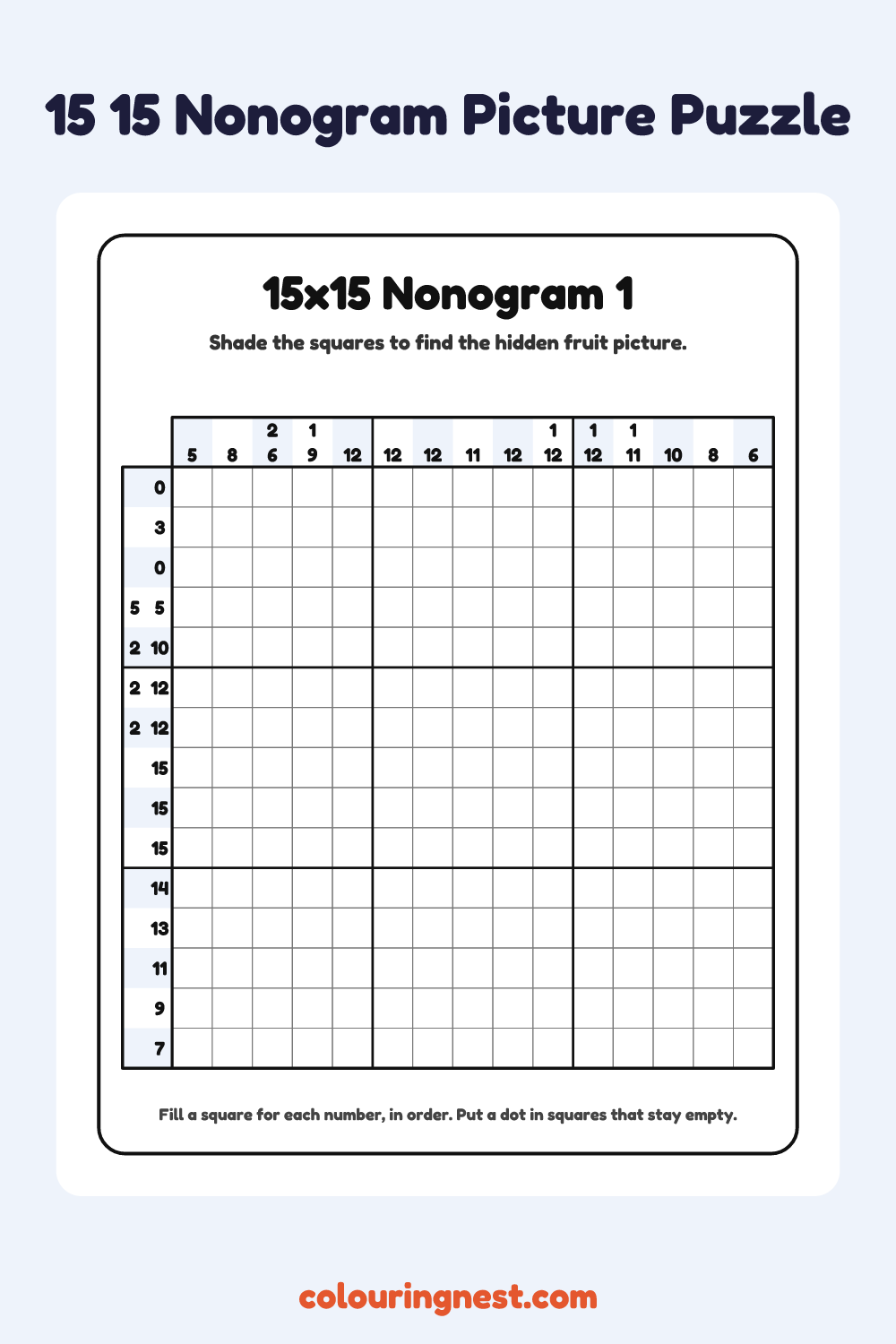 15×15 Nonogram #1 coloring page: free printable black-and-white line art