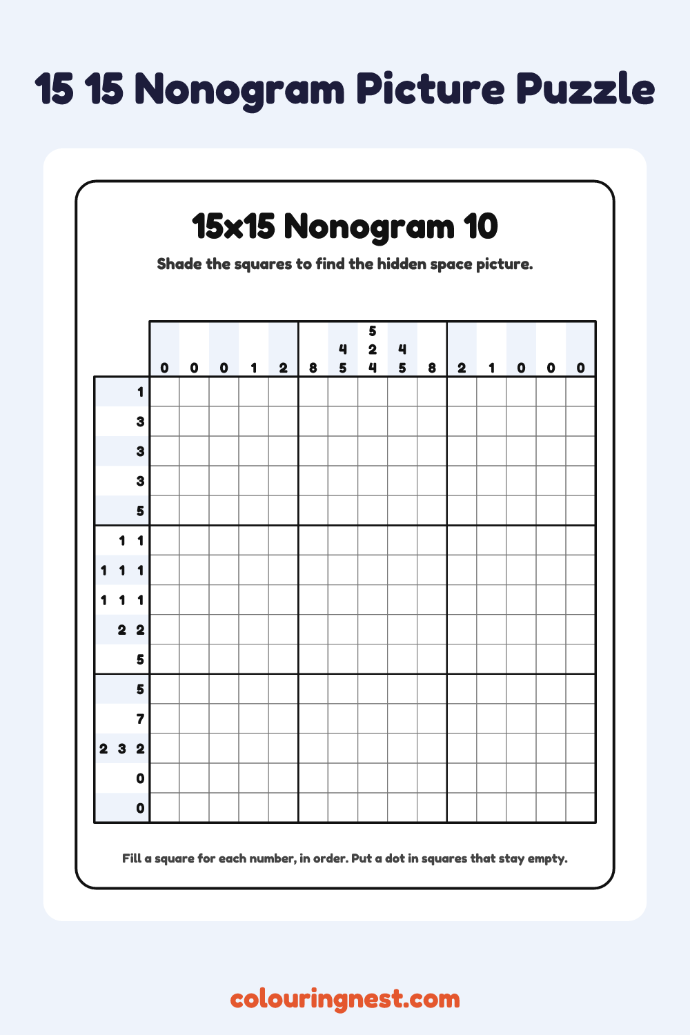 15×15 Nonogram #10 coloring page: free printable black-and-white line art