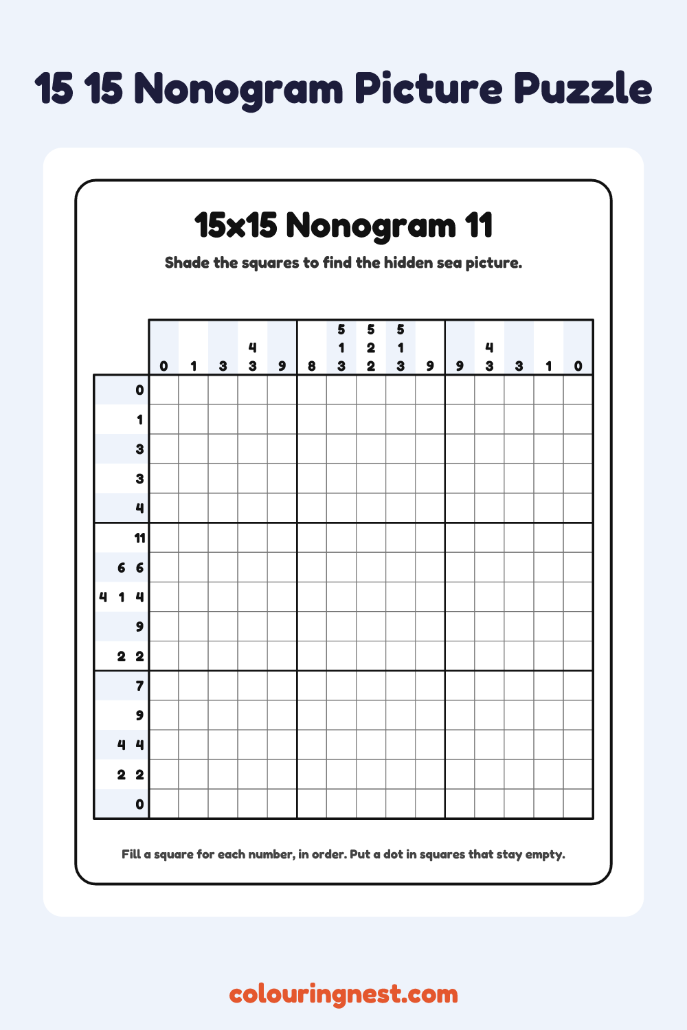 15×15 Nonogram #11 coloring page: free printable black-and-white line art