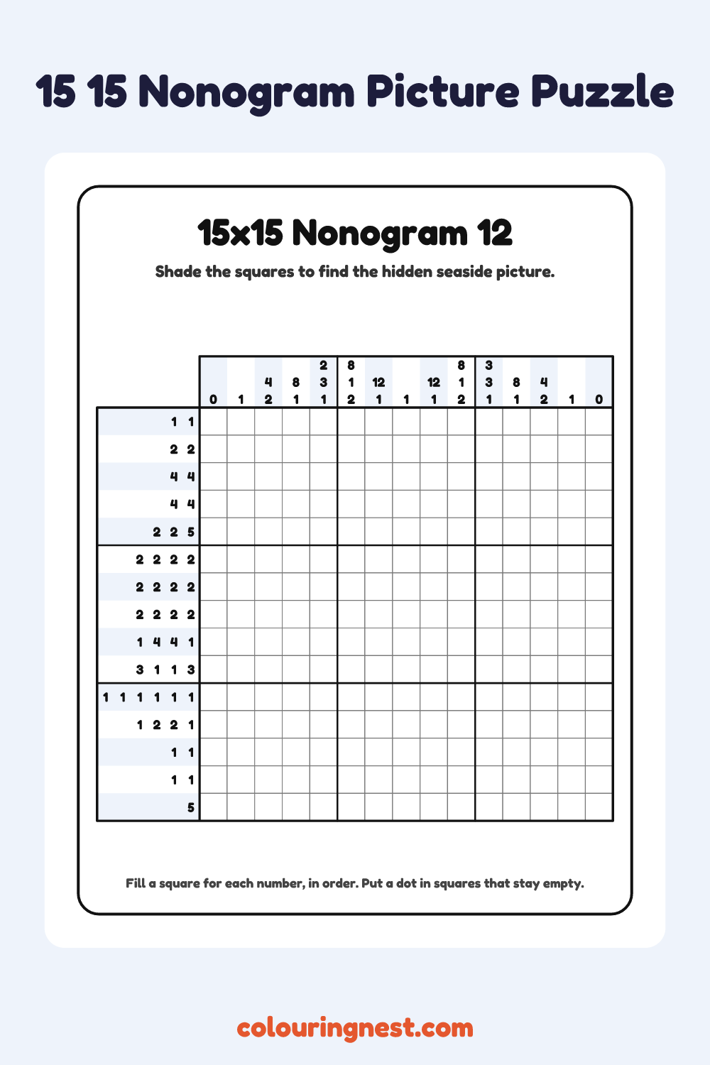 15×15 Nonogram #12 coloring page: free printable black-and-white line art