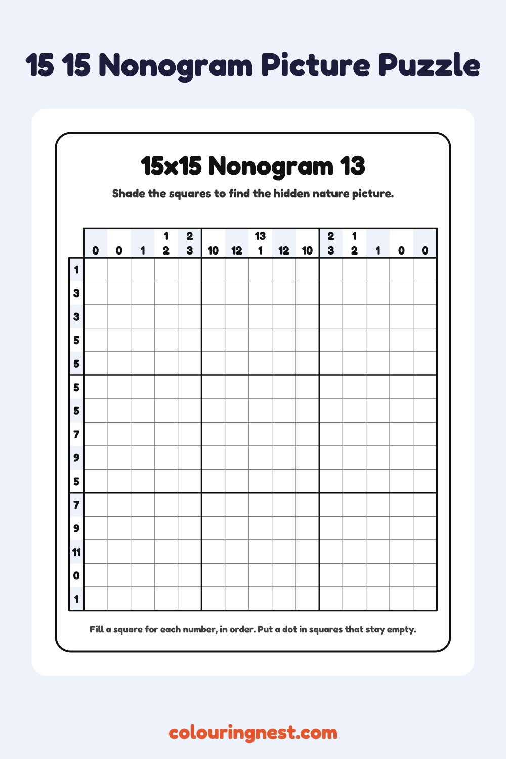 15×15 Nonogram #13 coloring page: free printable black-and-white line art