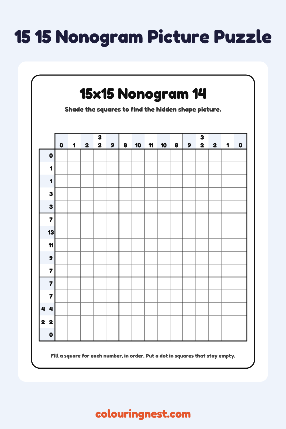 15×15 Nonogram #14 coloring page: free printable black-and-white line art