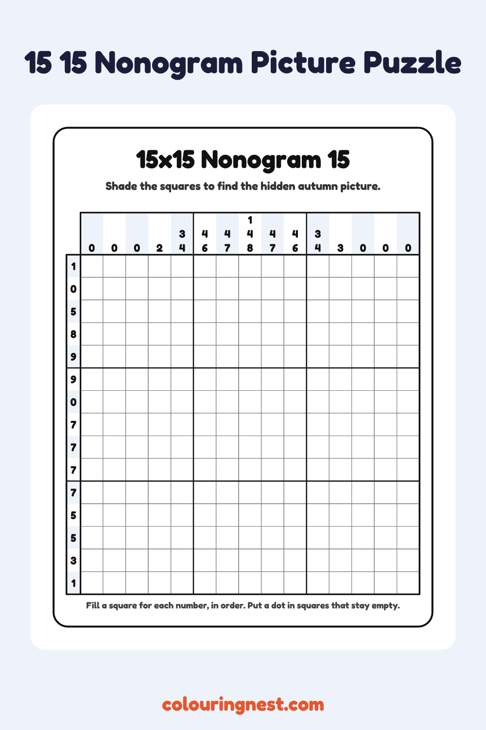 15×15 Nonogram #15 coloring page: free printable black-and-white line art