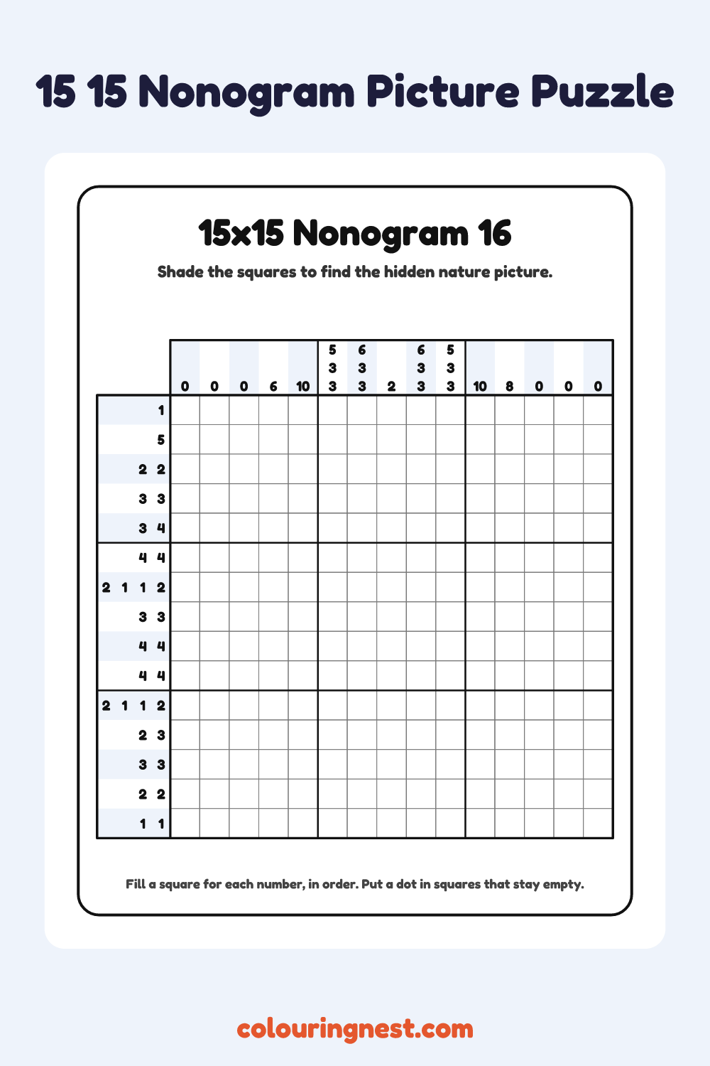 15×15 Nonogram #16 coloring page: free printable black-and-white line art