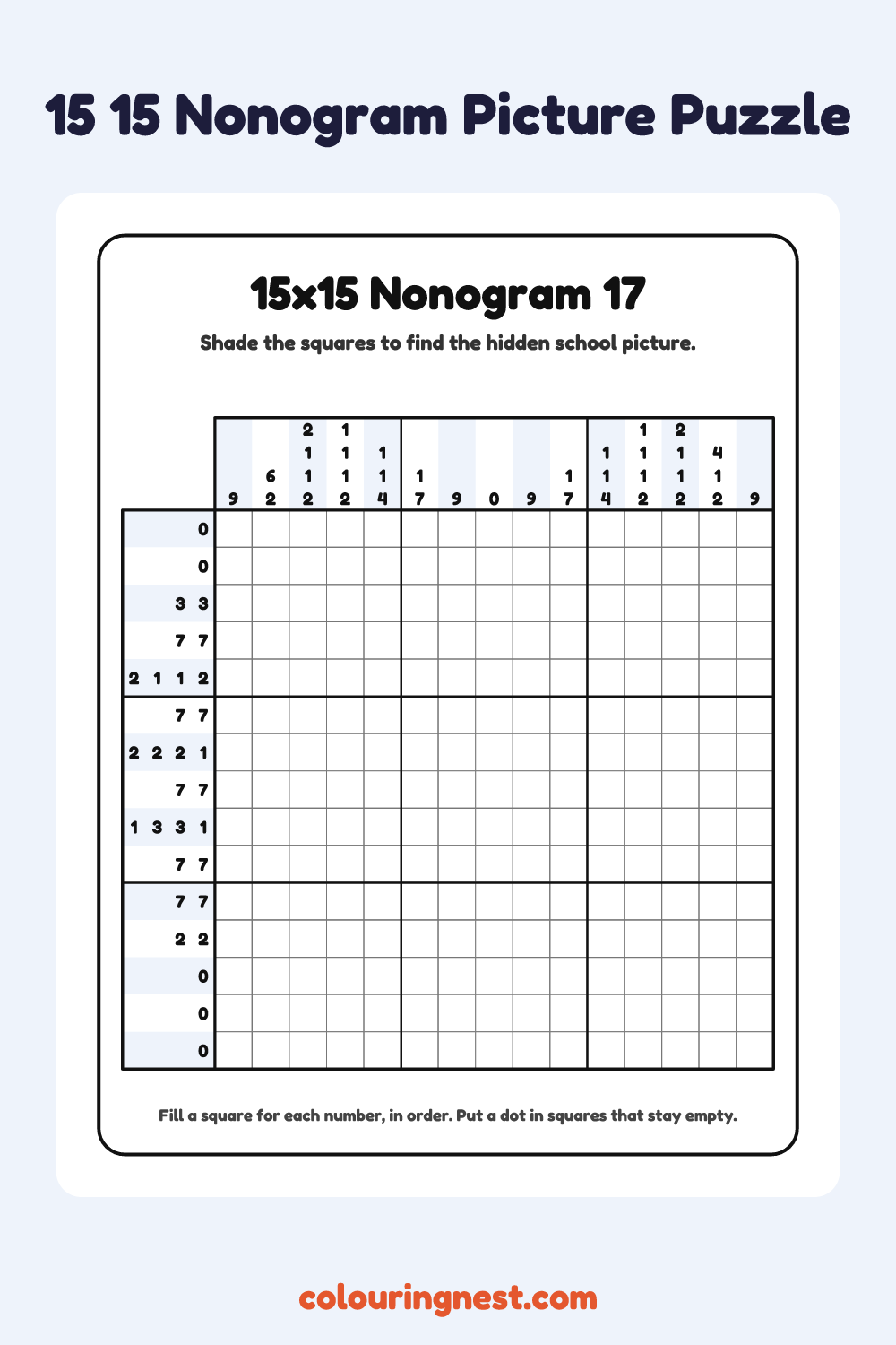 15×15 Nonogram #17 coloring page: free printable black-and-white line art