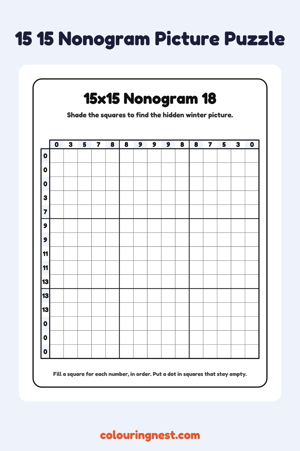 15×15 Nonogram #18 coloring page: free printable black-and-white line art