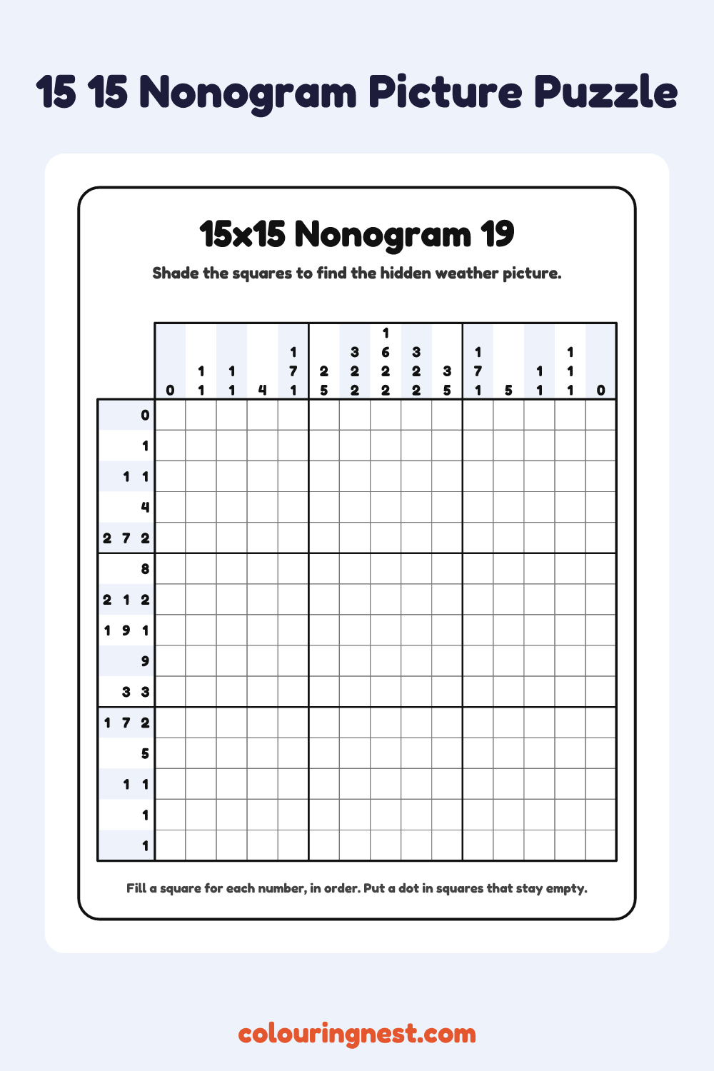 15×15 Nonogram #19 coloring page: free printable black-and-white line art
