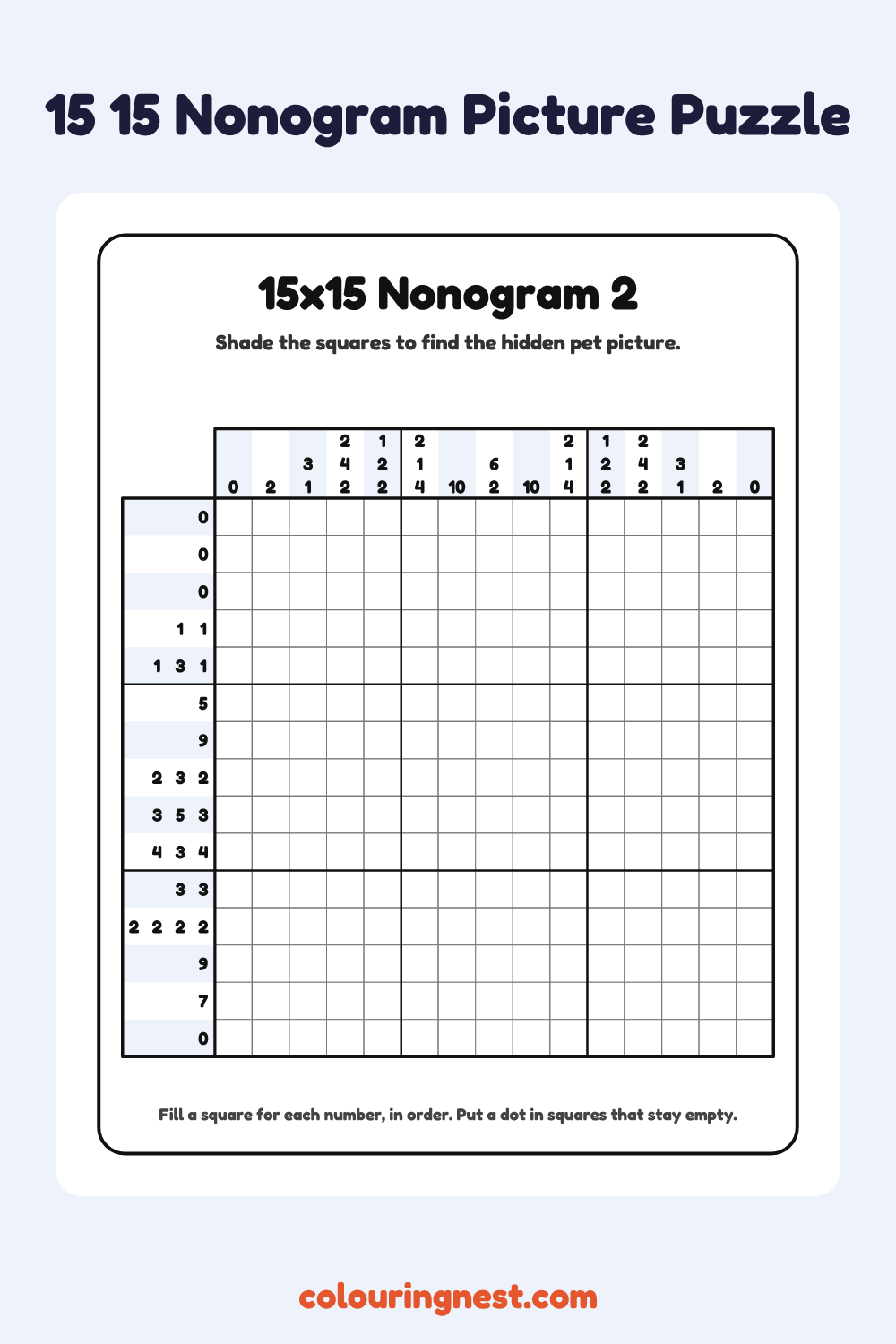 15×15 Nonogram #2 coloring page: free printable black-and-white line art