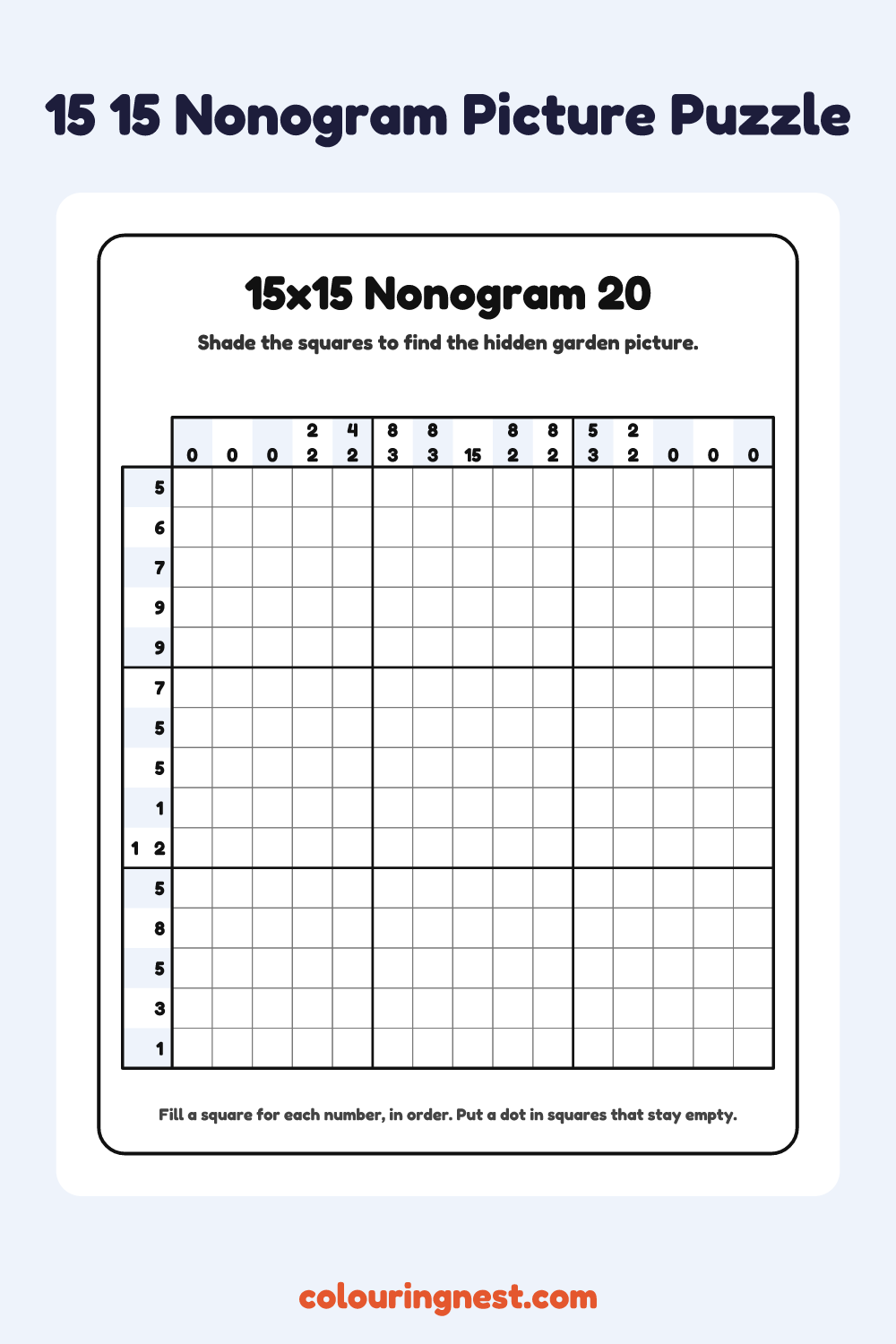 15×15 Nonogram #20 coloring page: free printable black-and-white line art