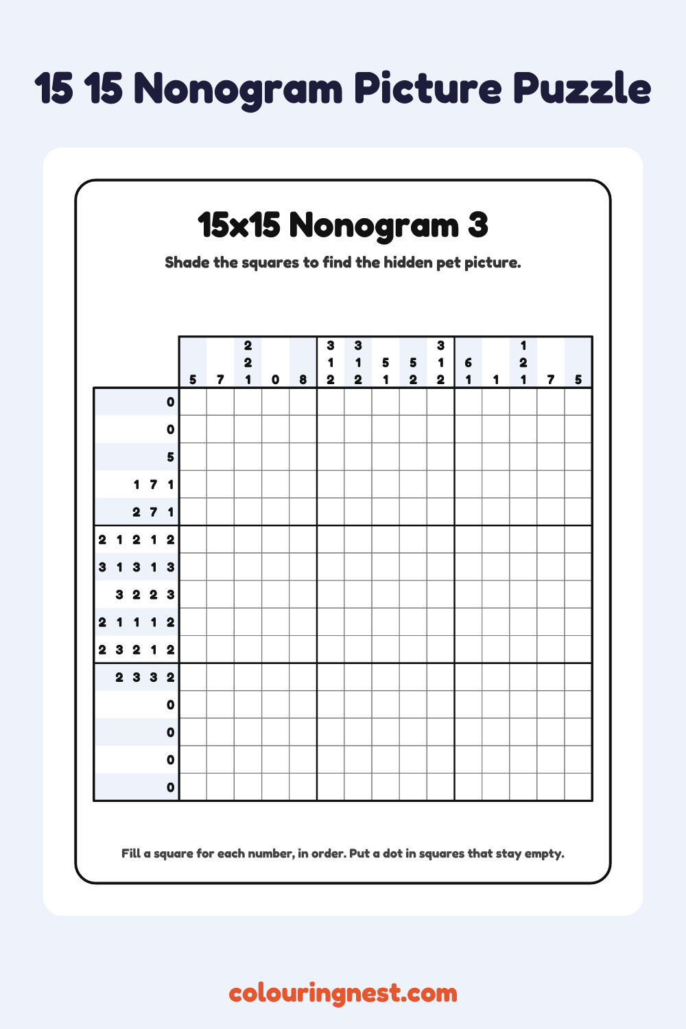 15×15 Nonogram #3 coloring page: free printable black-and-white line art