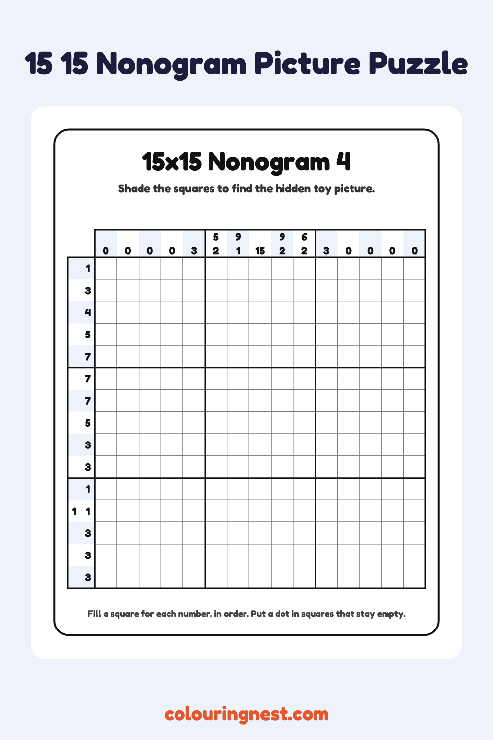 15×15 Nonogram #4 coloring page: free printable black-and-white line art