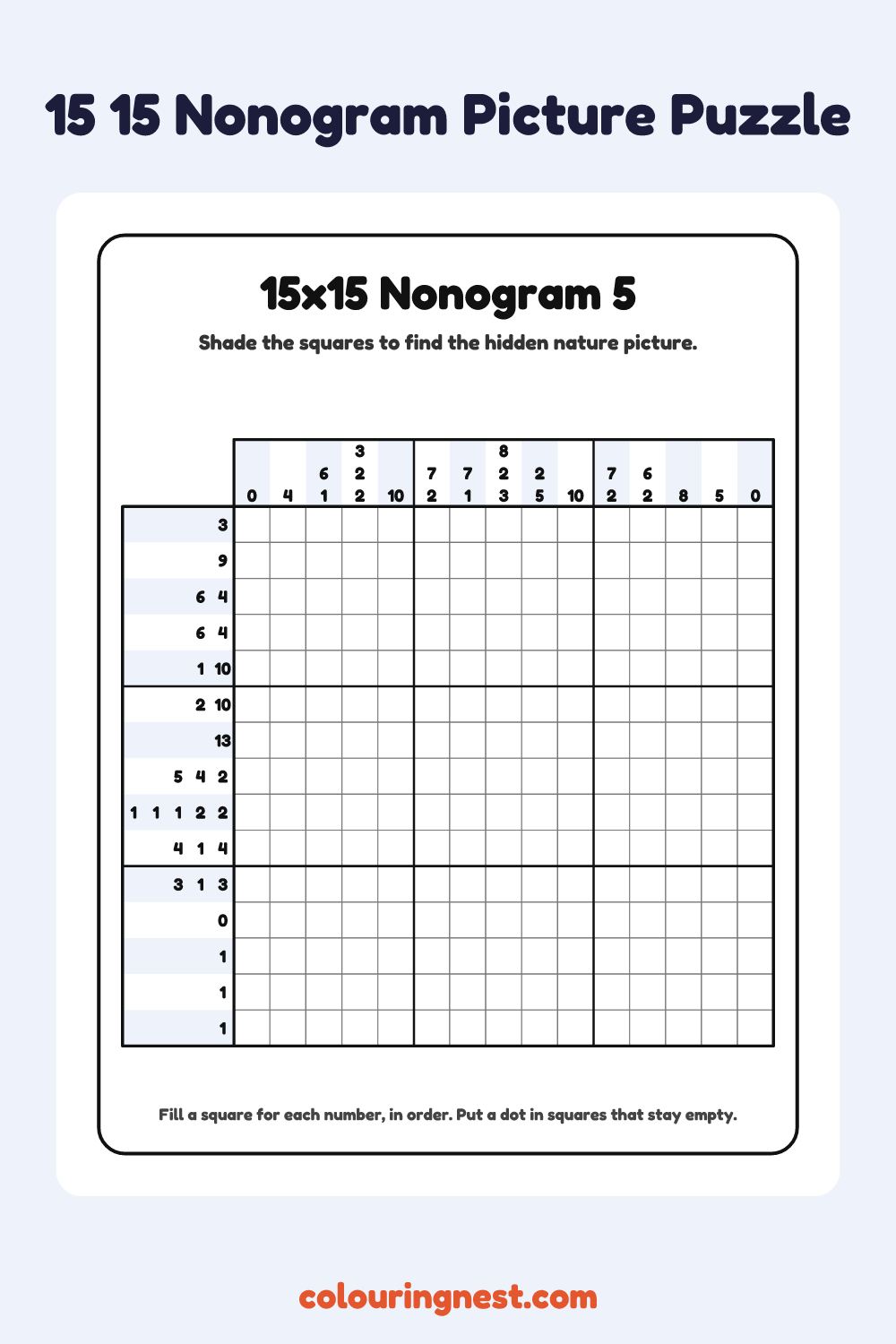 15×15 Nonogram #5 coloring page: free printable black-and-white line art