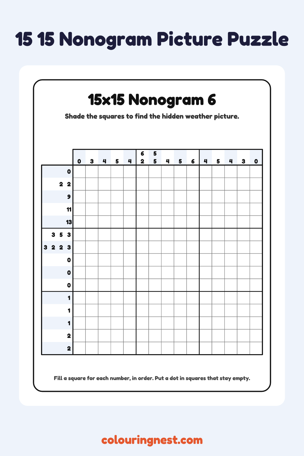 15×15 Nonogram #6 coloring page: free printable black-and-white line art