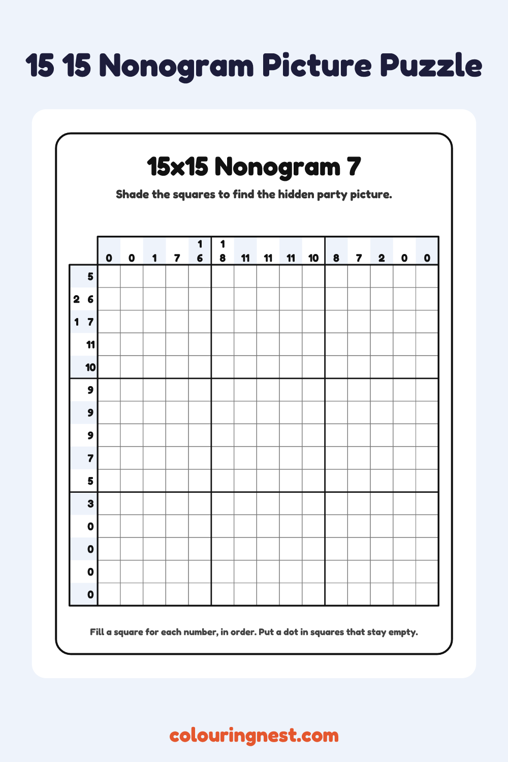 15×15 Nonogram #7 coloring page: free printable black-and-white line art