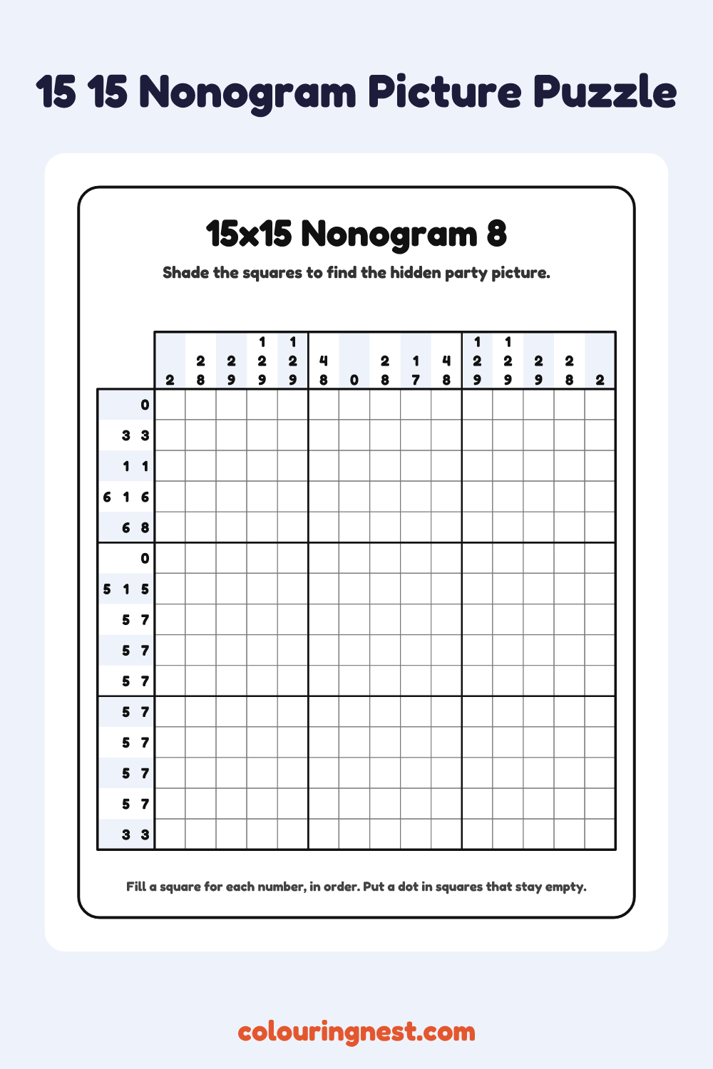 15×15 Nonogram #8 coloring page: free printable black-and-white line art
