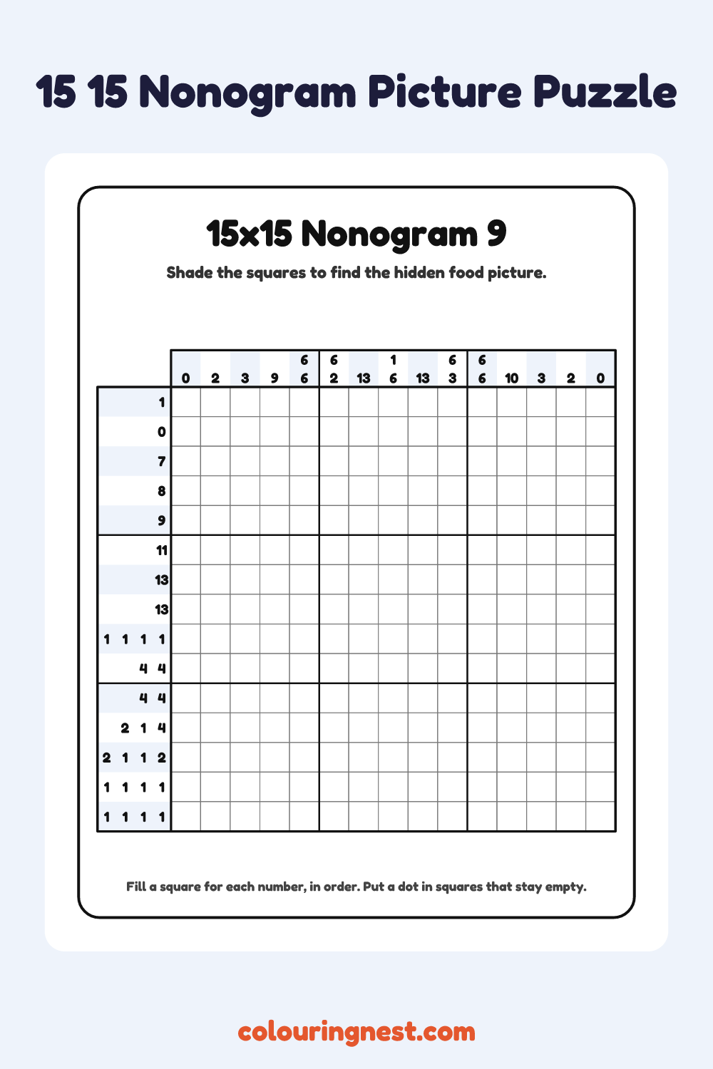 15×15 Nonogram #9 coloring page: free printable black-and-white line art