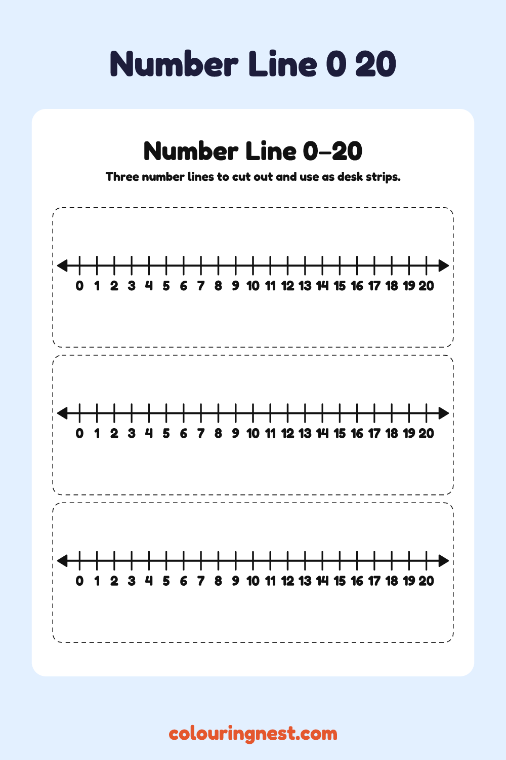 Number Line 0–20: free printable maths chart from Colouring Nest