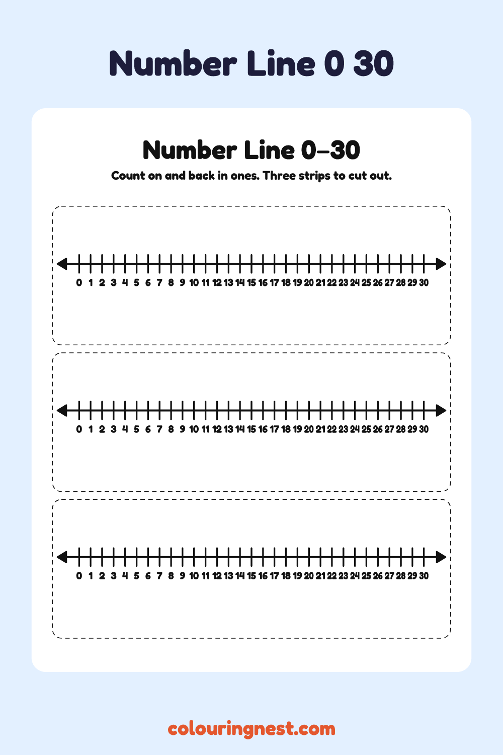 Number Line 0–30: free printable maths chart from Colouring Nest