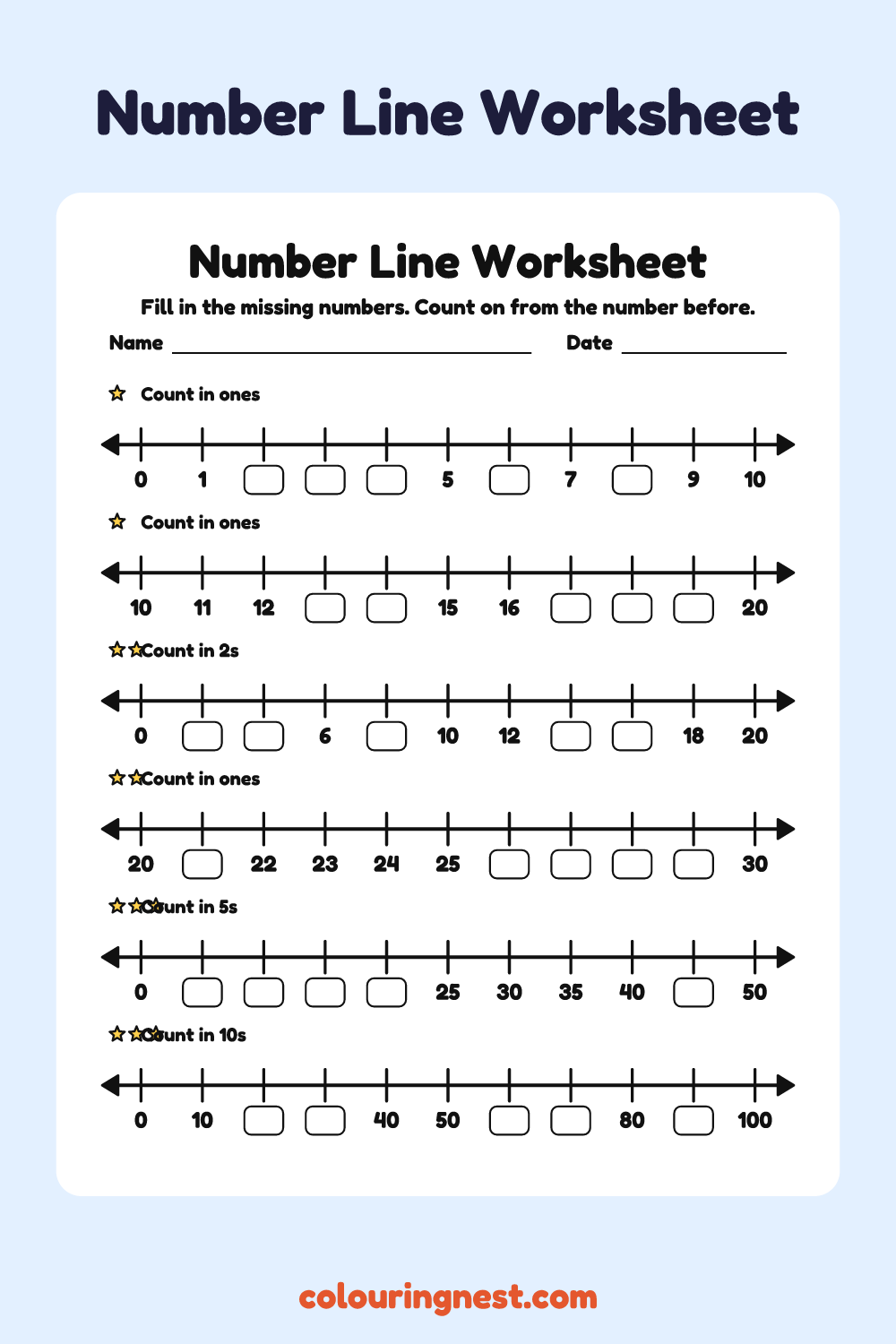 Number Line Worksheet: Missing Numbers: free printable maths worksheet from Colouring Nest