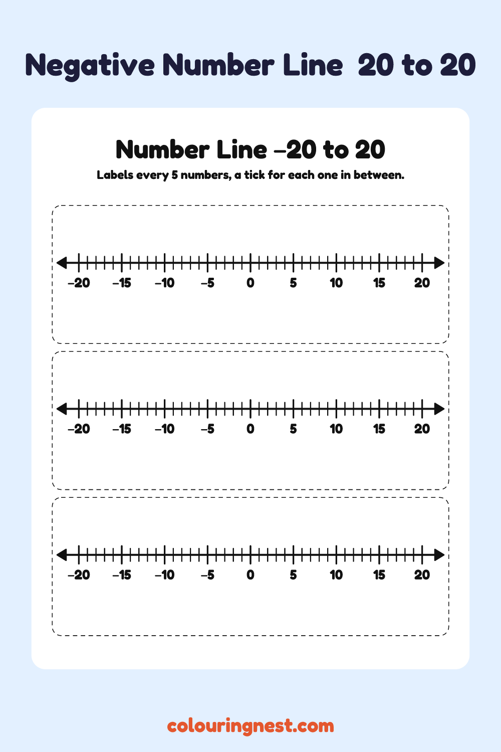 Number Line −20 to 20: free printable maths chart from Colouring Nest