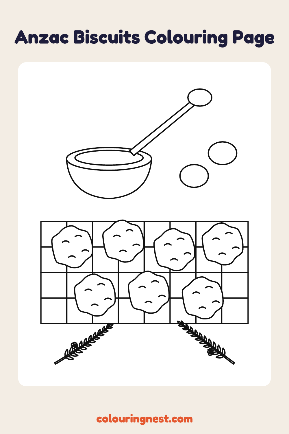Anzac Biscuits Colouring Page coloring page: free printable black-and-white line art