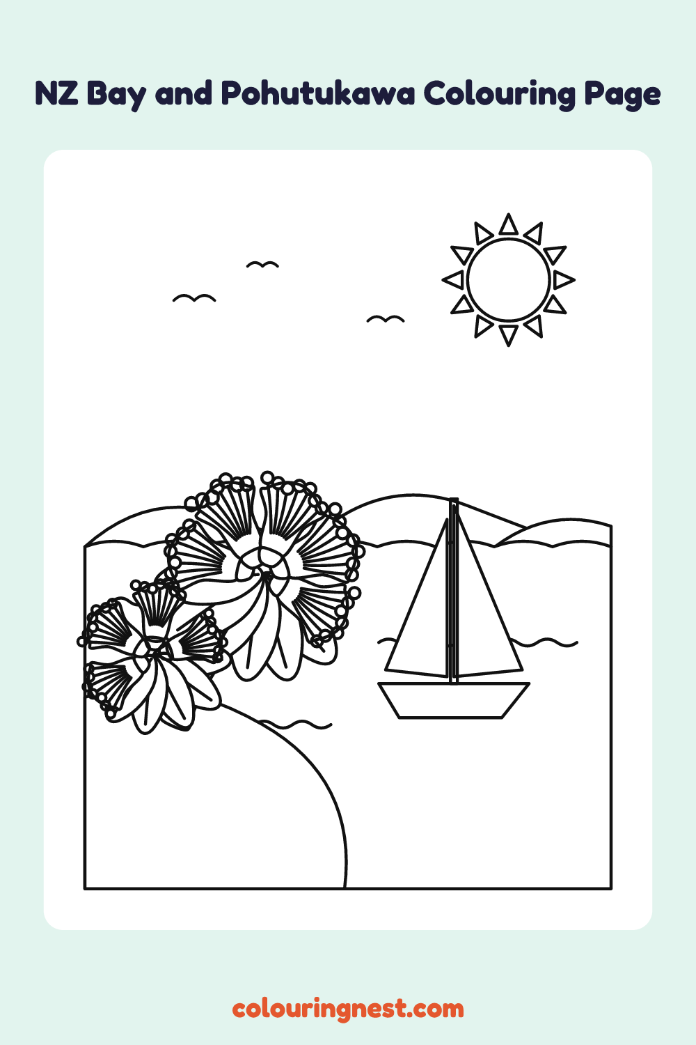 Bay and Pōhutukawa Colouring Page coloring page: free printable black-and-white line art