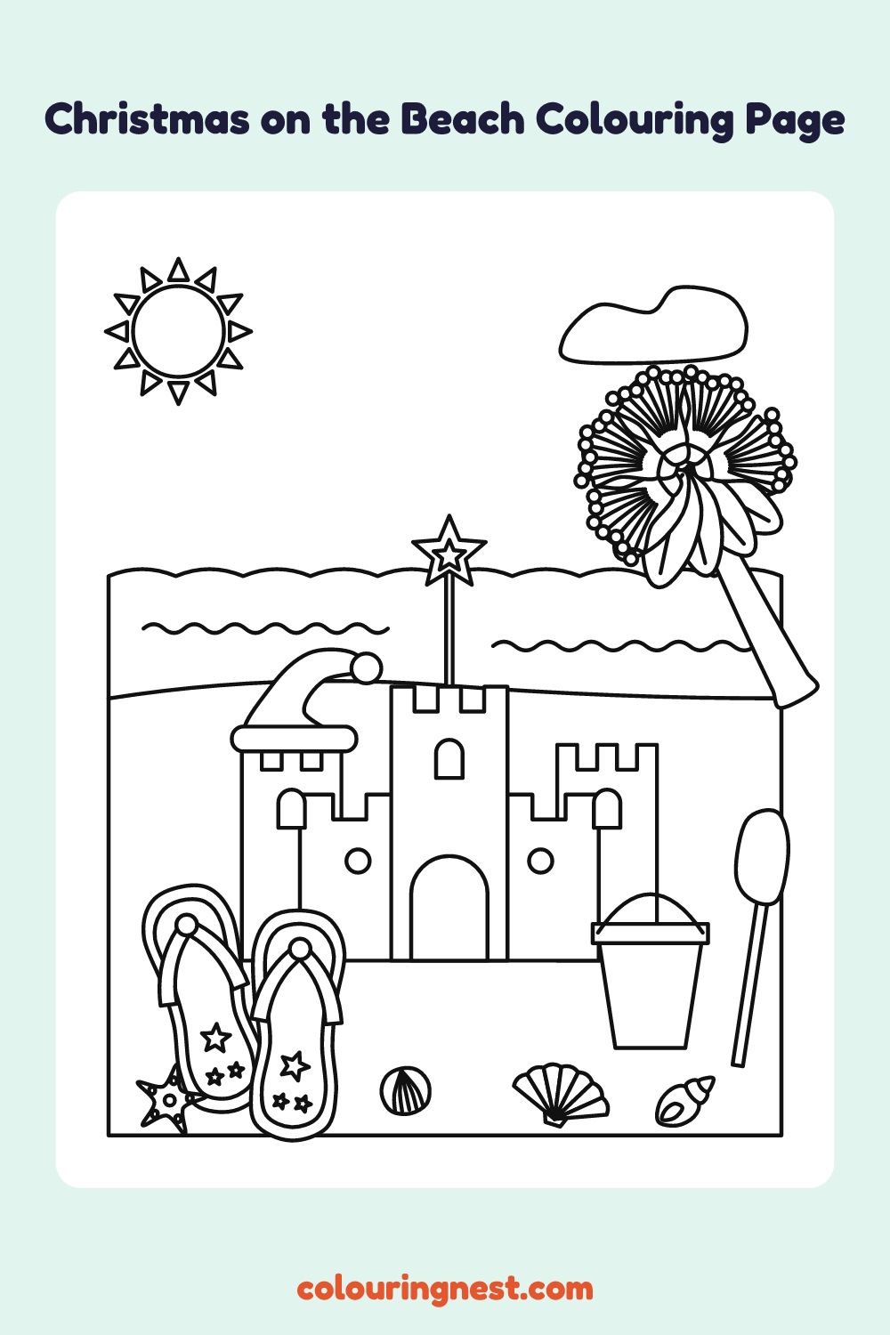 Christmas on the Beach Colouring Page coloring page: free printable black-and-white line art