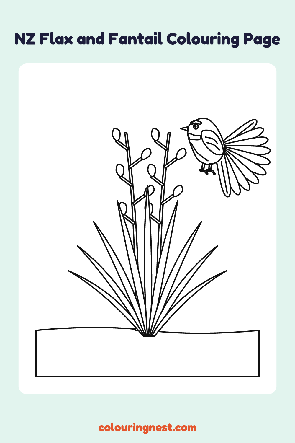 Harakeke and Pīwakawaka Colouring Page coloring page: free printable black-and-white line art